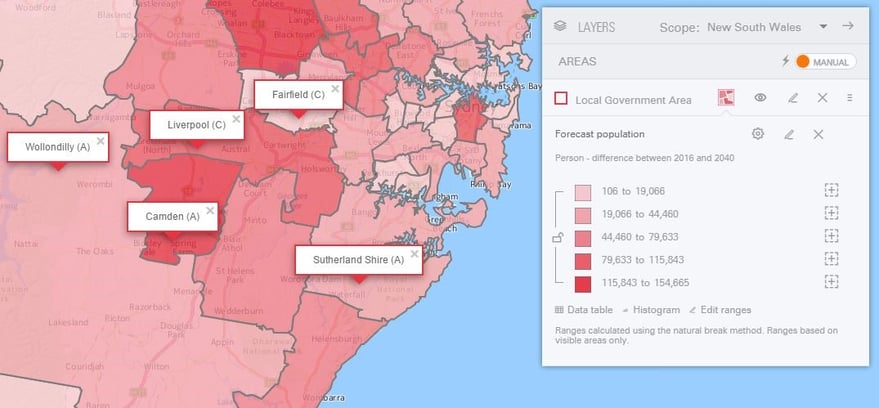Forecast population of outer south western and southern LGAs in NSW
